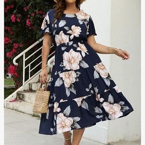 Women’s Puff Sleeve Tiered Floral Vintage Casual Dress Celkuser Blue Size 18